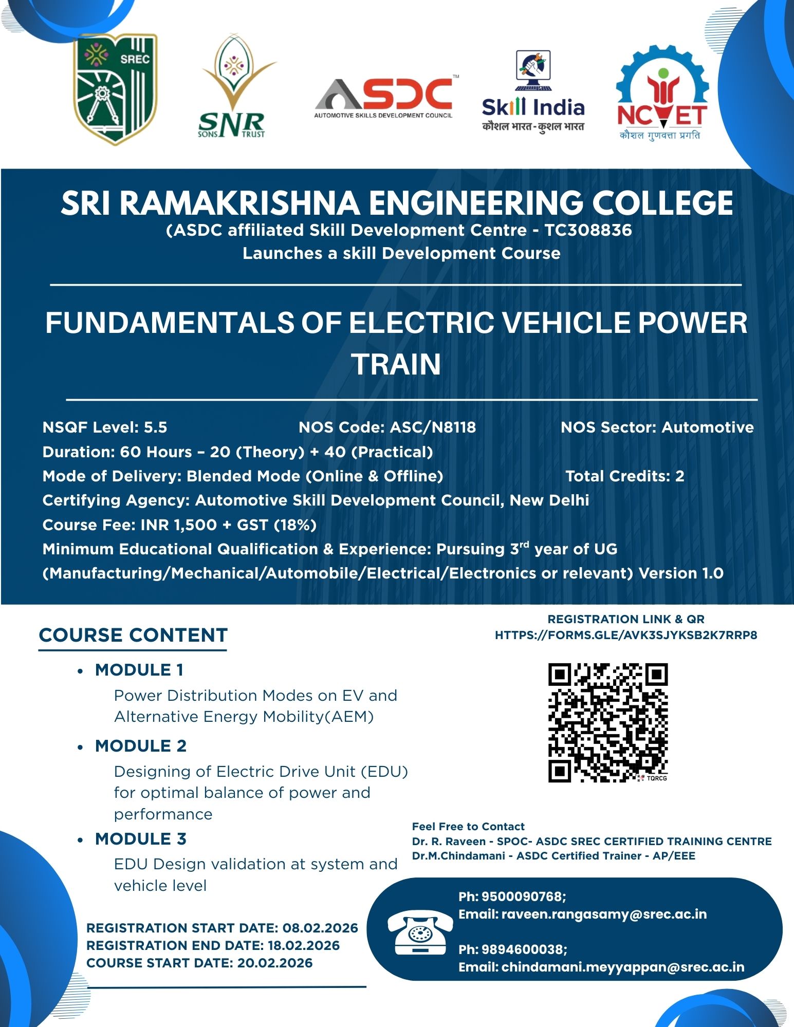 FUNDAMENTALS OF ELECTRIC VEHICLE POWERTRAIN under the Automotive Skills Development Council 2026 Workshop Poster 
